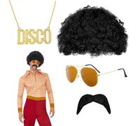QSZHSL 4 Pcs Ensemble de Costume Hippie, Perruque Afro Deguisement Homme, Deguisement Annee 80, Costume Set pour Halloween Fêtes Carnaval