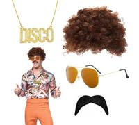 QSZHSL 4 Pcs Ensemble de Costume Hippie, Perruque Afro Funky, Lunettes de Soleil, Collier et Moustache pour Homme et Femme, Accessoires pour Fêtes à Thème, Festivals et Déguisements