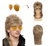 QSZHSL 70s 80s Longue Perruque Mulet Homme Hippie avec Lunettes de Soleil, Perruque année 80 Perruque année70, Perruque Rock, Perruque Disco, pour Homme Femme Déguisement Carnaval Fête d'Halloween