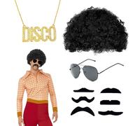 QSZHSL 9 Pcs Ensemble de Costume Hippie, Deguisement Disco Homme, Perruque Afro, Deguisement Annee 80 Homme, Funky Lunettes de Soleil, Fausses Moustaches Auto Adhésives, pour Carnaval ou Fêtes à Thème