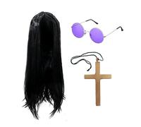 QSZHSL Accessoire Prince des Ténèbres, Rock Star Legend Hippie Costume Kit | Ensemble d'accessoires de déguisement Rock Star pour adultes, perruque longue noire, accessoires de costume des années 70 et