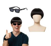 QSZHSL Courte Perruque pour Homme Femme, Perruque Courte Champignon, Bob Perruques Carré, Noir perruques Carré, perruques Annee 60 Lisse Halloween Cosplay Costume de Fête Quotidien (2 Pcs)