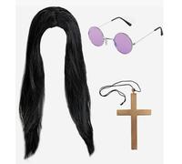 QSZHSL Ensemble d'accessoires 3 pièces Prince des Ténèbres, kit de costume hippie Rock Star, ensemble d'accessoires de déguisement pour adultes, perruque longue noire, accessoires de costume des