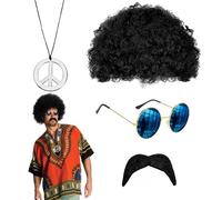 QSZHSL Ensemble de Costume Hippie, Accessoires Hippie, Perruque Afro, Lunettes, Moustache, Collier de la Paix, Costume Hippie des années 70 pour Homme, pour Soirée à Thème 50/60/ 70 (4 Pcs)