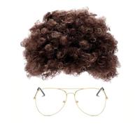 QSZHSL Perruque Afro Marron et Lunettes, Ensemble de Costume Hippie, Perruque Hippie, Deguisement Hippie Homme Perruque, Rock Perruque Homme pour 60's 70's 80's Hippie Halloween Costume