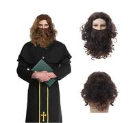 QSZHSL Perruque et Barbe Longue Marron Foncé Perruque Homme, Jésus Perruques avec Barbe, Perruque Longue Brune Foncée Bouclée avec Barbe, Brune Viking Cosplay Perruque pour Halloween Carnaval (Marron)