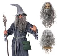 QSZHSL Perruque et Longue Barbe de Sorcier Magicien Gris Longue Bouclé Perruque, Perruque SynthéTique Gris, Perruque de Magicien en Gris foncé, Perruque et barbe longue argentée foncée pour cosplay