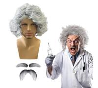 QSZHSL Perruque et Moustache Gris Carnaval Halloween, Professeur Fou, Fou Scientifique Papi Professeur Gris Sauvage Moustache, Cosplay Perruque Vieil Homme, pour Halloween Carnaval Cosplay (3 Pièces)