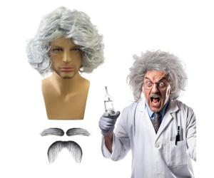 QSZHSL Perruque et Moustache Gris Carnaval Halloween, Professeur Fou, Fou Scientifique Papi Professeur Gris Sauvage Moustache, Cosplay Perruque Vieil Homme, pour Halloween Carnaval Cosplay (3 Pièces)