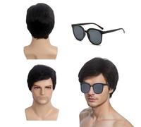QSZHSL Perruque Homme Noir Courte Naturel, Synthétiques Cheveux Court, Lunettes de Soleil - Cosplay Halloween Costume de Fête