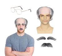 QSZHSL Perruque Vieux Homme Deguisement, Perruque Grand Père Set, Gris Bouclé perruque Chauve Vieux Lunettes Fausse Barbe Sourcils, pour Carnaval Halloween Cosplay Déguisement Party (Gris)