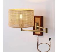 QTANZIQI Applique Murale à Bras oscillant en rotin avec Bras Long réglable, Applique Murale de Style Ferme avec Abat-Jour en Osier de Bambou tissé, Lampe Murale de Chambre à Coucher pour Lecture de