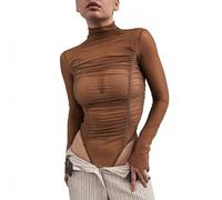 QTANZIQI Autumn Long Sleeve Mesh Slim Bodysuit for Women See Through Bodysuits