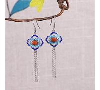 QTANZIQI Boucles d'oreilles Vintage pour Femmes Chinoises S925, Style thaïlandais, Bleu brûlé, cloisonné, incrusté de Pampilles en Agate Rouge du sud