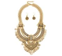 QTANZIQI Ensemble Collier Boucles d'oreilles avec Pendentif en Forme de piè de Monnaie sculptée exagérée pour Femmes Filles, Vintage bohème, Grosse déclaration, Gitane, Tribal, Punk, Collier