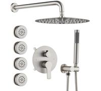 QTANZIQI Ensemble de Douche à Effet de Pluie Rond brossé de 12 Pouces avec 4 Jets de Corps, kit de Robinet de Douche à 3 Fonctions, Garniture de Douche complète pour Une expérience de Spa Ultime