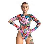 QTANZIQI Flower Print Club Women Bodysuits Long Sleeve Fashion Jumpsuits O Neck Streetwear Party Sheath Female Rompers Tops