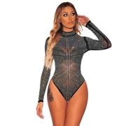 QTANZIQI Iridescent Silver Rhinestone Bodysuits Women Plus Size Bodysuit Sheer Mesh Studded Mock Neck Body Tops