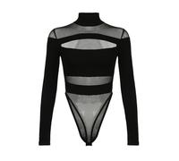 QTANZIQI Mesh Cut-Out Solid Colour Bodysuit Fashion High Neck Long Sleeve Festival Outfit Slim Casual Knit Lingerie