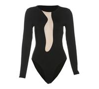 QTANZIQI Mesh Deep V Patchwork Round Neck Full Sleeve Women Autumn Bodysuit Winter Basic Tees Workwear