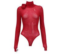 QTANZIQI Mesh Flower Gloves Club Women Bodysuits Turtleneck Long Sleeve Streetwear Fashion Jumpsuits Slim Sheath Tops Female