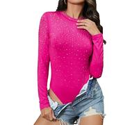 QTANZIQI Mesh Rhinestone Long Sleeve Bodysuit for Women Stand Neck Skinny Body Tops Night Club Wear Female Clothing