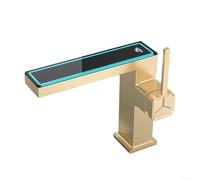 QTANZIQI numérique, Verre hydrophobe résistant aux Taches, Affichage Intelligent LED pour à Poser, Robinet d'eau de lavabo Bec Haut (Or brossé)