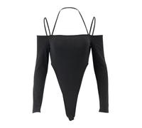 QTANZIQI Off Shoulder Halter Bodysuit Aesthetic Spaghetti Straps Long Sleeve T Shirt Women Slim Fit Party Clubwear Bodysuits