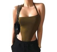 QTANZIQI Off Shoulder Halter Summer Bodysuit Y2K Bodycon Backless T Shirt Casual Streetwear Slash-Neck Bodysuits,Army Green,L