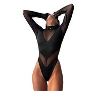 QTANZIQI Patchwork Women Bodysuits Spring Mesh Transparent Long Sleeve Thong High Waist T-Shirt Basic Streetwear