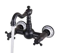 QTANZIQI Robinet de Cuisine Mural Vintage en Laiton, Robinet d'évier de Salle de Bain Antique avec Deux poignées, Finition Bronze huilé pour décor Classique