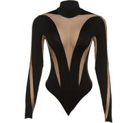 QTANZIQI See Through Women Bodysuit Mesh Patchwork Long Sleeve Elastic Wild Bodycon Party Clubwear Streetwear Midnight Outfits