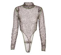 QTANZIQI Sheer Mesh Bodysuits Women Leotard Tops Long Sleeve Turtleneck Bodycon Bodysuit Jumpsuits See Through Club Wear