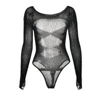 QTANZIQI Spicy Girl Perspective Bodysuit Women Mesh Chest Hollow Diamond T-Shirt Tight Long Sleeves Elasticity