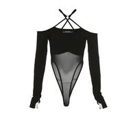 QTANZIQI Summer Fashion Slim Casual Mesh Patchwork Bodysuit Lingerie Lace-Up Long Sleeve Solid Colour Festival Outfit
