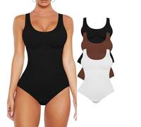 QTANZIQI Women Bodysuits for Tummy Control Sleeveless Round Neck Shapewear Thong Open Crotch Body Firm Control 3 Piece