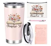 Qtencas Gobelet isotherme de 50e anniversaire pour elle, chapitre 50 - Gobelet isotherme de 591 ml avec couvercle, paille, trousse de maquillage, carnet et stylo à bille, cadeau sympa pour 50e