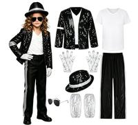 QTERHYD Deguisement Roi De La Pop Garcon À Années 80-90,Veste Et Pantalon À Paillettes Avec Chapeau Gant,Moonwalk Set Pour Kids Party Show,Pour Halloween Carnaval (Noir, L)