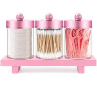 Qtip Lot de 3 pots d'apothicaire avec couvercles, organiseurs de salle de bain et plateau de rangement pour boules de coton, cotons-tiges, cure-fil, élastiques à cheveux, rose transparent vintage pour