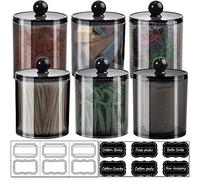 Qtip Lot de 6 distributeurs de pots d'apothicaire pour salle de bain avec étiquettes - Boîte de rangement en plastique acrylique transparent pour boules de coton, cotons-tiges, ronds de coton, pics à