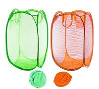 Qtopun Lot de 2 paniers à linge en maille, paniers à linge pliables, portables et pliables pour chambre à coucher, chambre d'enfant, dortoir d'université et voyage (vert + orange), 32 x 52,1 cm