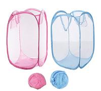 Qtopun Lot de 2 paniers à linge pliables en maille, paniers à linge sales portables et pliables pour chambre à coucher, chambre d'enfant, dortoir d'université et voyage (bleu clair + rose)