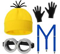 QTUN 4 Pièces Minion Deguisement Accessoires pour Adultes, Jaune Cosplay Costume Accessoires Kit avec Bonnet Lunettes Goggles Gants et Bretelles pour Fête de Halloween Carnaval Cosplay