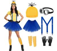QTUN 6 Pièces Minion Deguisement pour Femme, Jaune Cosplay Costume Accessoires Kit avec Bonnet Lunettes Goggles Gants Bretelles Jupe et Jambières pour Fête de Halloween Carnaval Cosplay