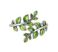 QTYQWC Bague Feuille en émail Vert pour Femmes, Bague en Argent Sterling 925, Feuilles cloisonnées, Bijoux Ouverts et réglables