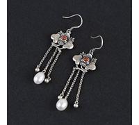 QTYQWC Boucles d'oreilles en Perles pour Femmes, Style Vintage thaïlandais incrusté de Fleur du sud, Bague en Agate Rouge