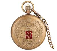 QTYQWC Eagle à tête à Double tête des Armes Russie National Emblem Badge Pure Copper Tourbillon Mechanical Hand Winding Pocket Watch chaîne
