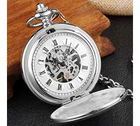 QTYQWC Silver en Acier Inoxydable Vintage mécanique de Poche de Poche Rayure gravese Double Casse latérale Squelette Squelette Steampunk Hommes Femmes