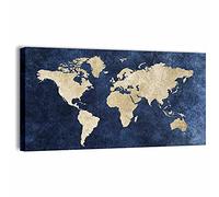 Quadri L&C ITALIA Tableau carte du monde vintage planisphère mural 90 x 45 cm Impression sur toile avec carte du monde pour salon, bureau, salon, cuisine, chambre enfant - monde bleu