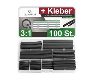 Quadrios Lot de 100 gaines thermorétractables avec colle intérieure Boîte de 100 tubes avec taux de rétreint élevé 3/1 Haute qualité Étanche Qualité industrielle Noir